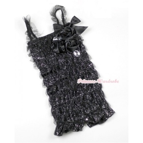 Sparkle Black Lace Ruffles Petti Rompers With Straps With Big Bow & Bunch Of Black Satin Rosettes& Crystal LR169 